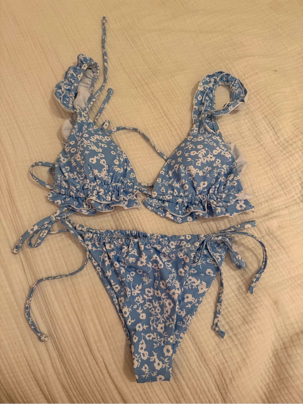 Zaful Blue Floral Ruffle Tie Bikini Set